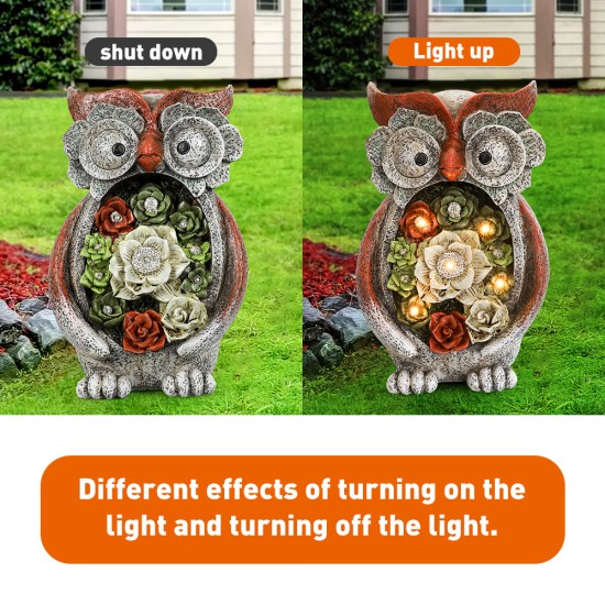 Garden Statue Owl Figurines,Solar Powered Resin Animal Sculpture with 5 Led Lights for Patio,Lawn, Garden Decor