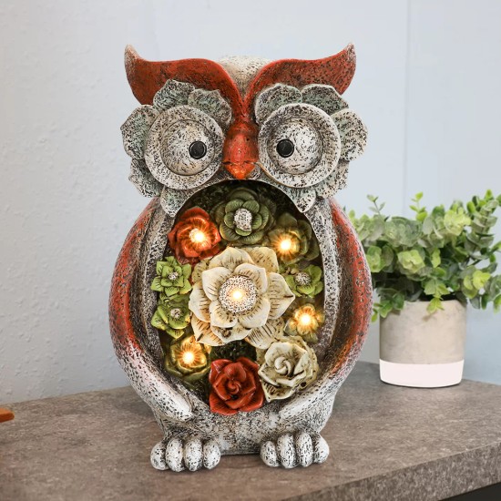 Garden Statue Owl Figurines,Solar Powered Resin Animal Sculpture with 5 Led Lights for Patio,Lawn, Garden Decor